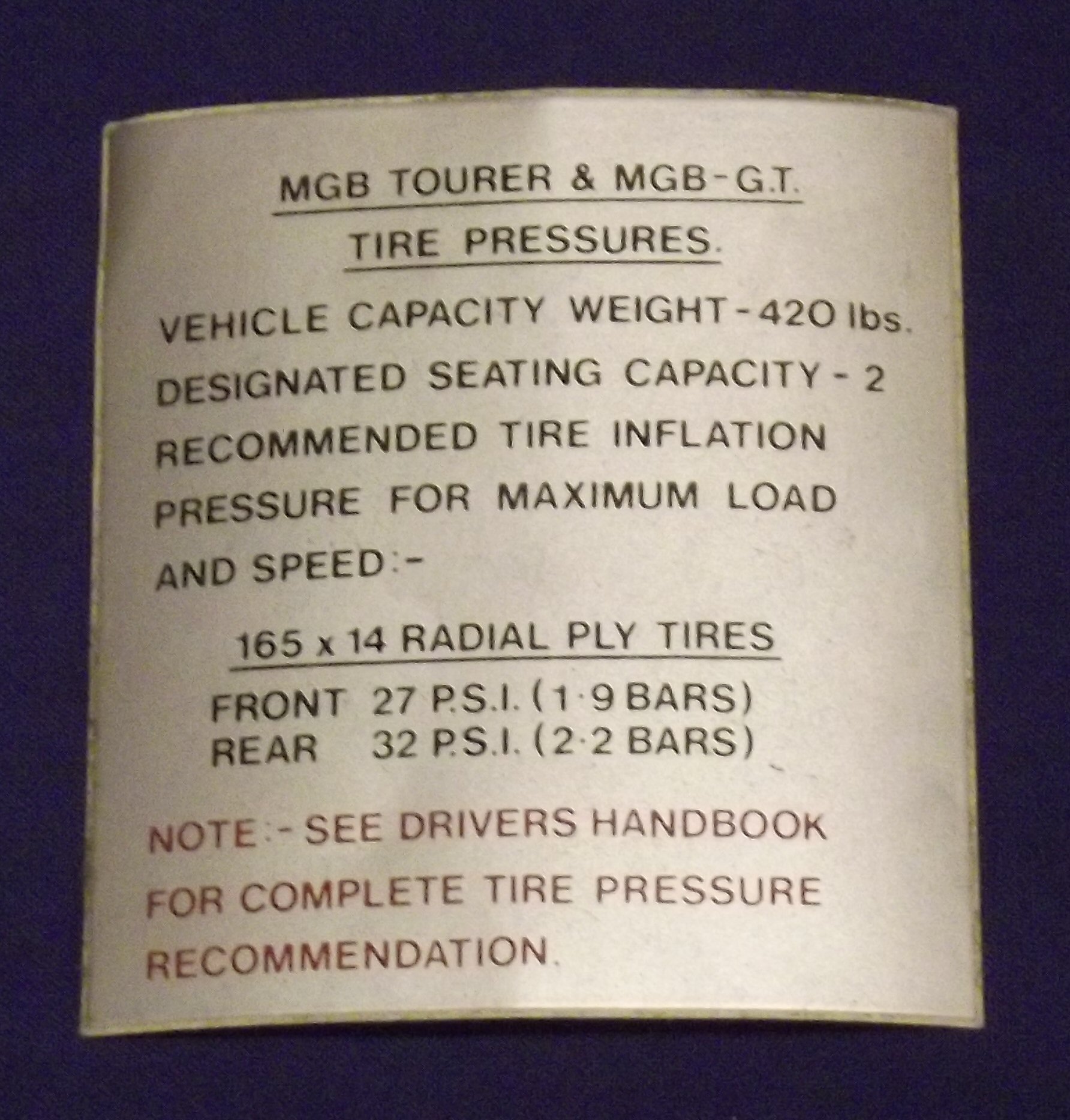 Label tire pressure