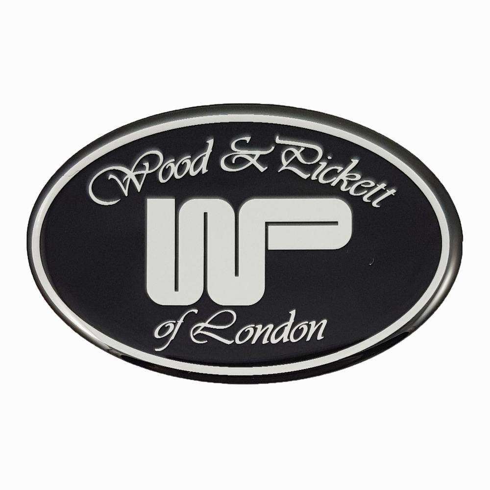 Classic wood and pickett oval gel adhesive badge in black & chrome