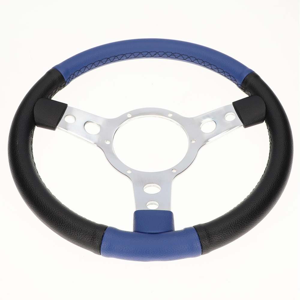 MOUNTNEY TRADITIONAL STEERING WHEEL 13 INCH 3 SPOKE SEMI DISH BLACK/BLUE VINYL POLISHED CENTRE - MSW33SPVBEES