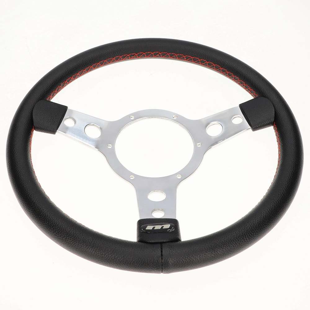 MOUNTNEY TRADITIONAL STEERING WHEEL 13 INCH 3 SPOKE SEMI DISH BLACK VINYL RED STITCHING POLISHED CENTRE - MSW33SPVB_RS